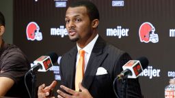 Cleveland Browns new quarterback Deshaun Watson speaks during a news conference at the NFL football team's training facility, Friday, March 25, 2022, in Berea, Ohio. (AP Photo/Ron Schwane)