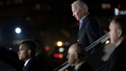 US President Joe Biden arrives at Warsaw Chopin International Airport on March 25, 2022, in Warsaw, Poland. - Biden is due to meet US soldiers stationed in the area and non-governmental organisations helping Ukrainian refugees fleeing Russia's invasion. (Photo by Brendan Smialowski / AFP) (Photo by BRENDAN SMIALOWSKI/AFP via Getty Images)