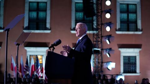 US President Joe Biden delivers a speech at the Royal Castle in Warsaw, Poland, on Saturday, March 26.