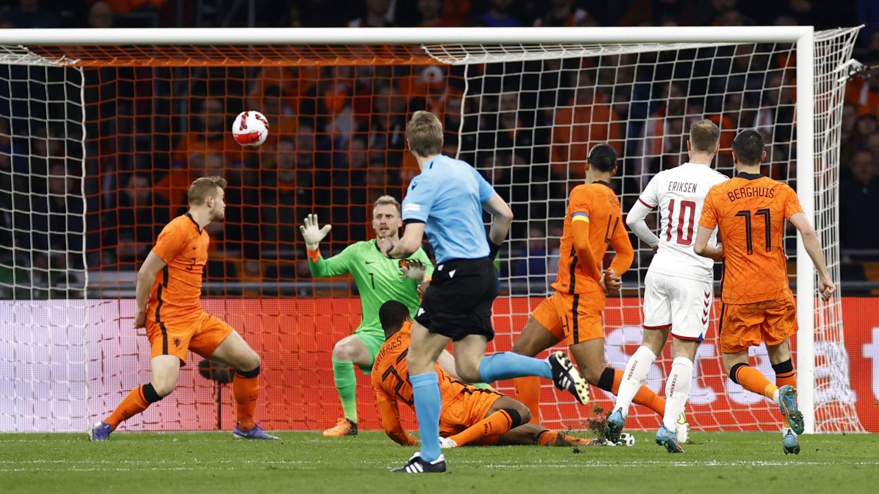 Eriksen fires home with his first touch against the Netherlands at the Johan-Cruijff ArenA on March 26, 2022.