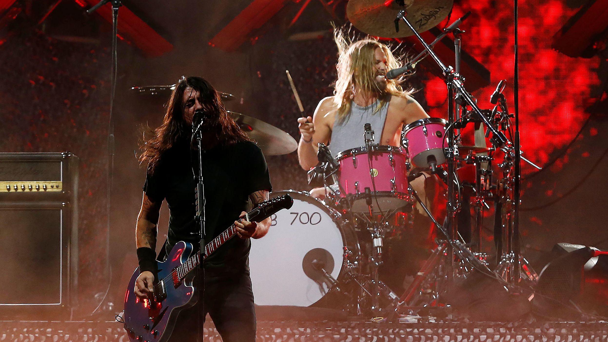 Dave Grohl and Taylor Hawkins of Foo Fighters perform during Day 3 of Lollapalooza Chile 2022 at Parque Bicentenario Cerrillos in Santiago.