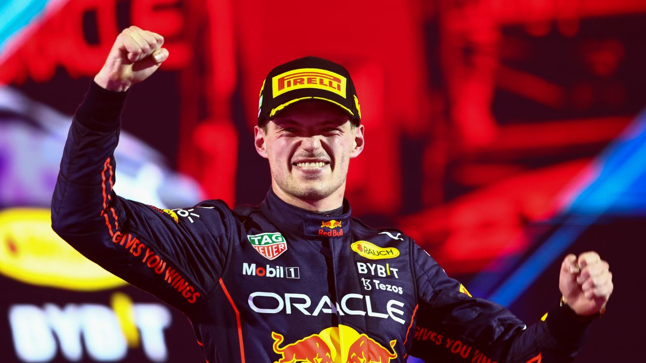 Max Verstappen celebrates on the podium after winning the Saudi Arabia Grand Prix.