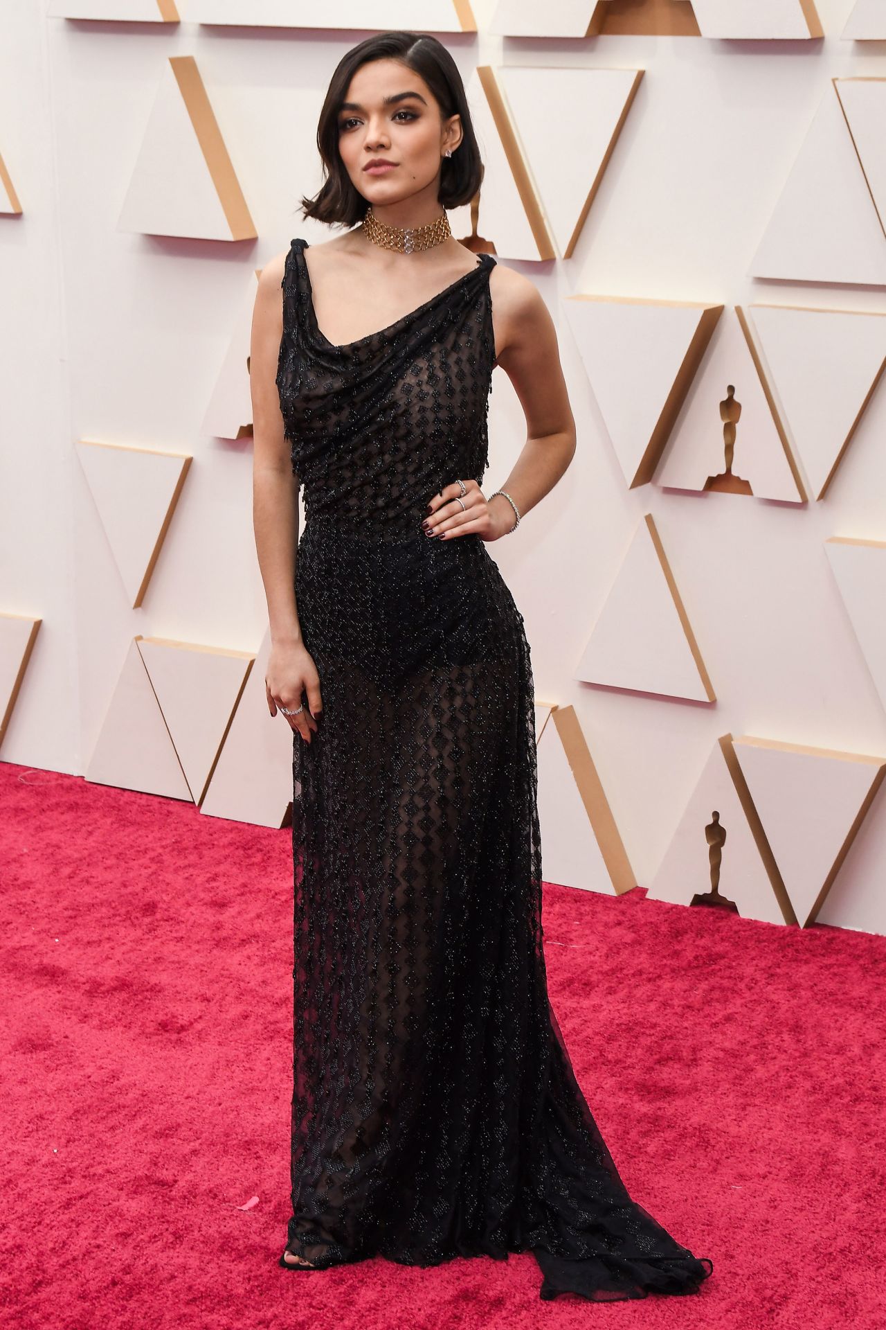 Oscars presenter Rachel Zegler wore a a Dior gown which featured black sequin 
detailing and was accompanied by a golden choker. 
