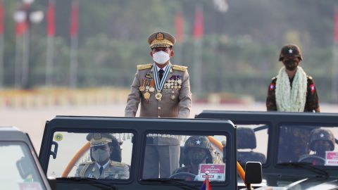 Senior Gen. Min Aung Hlaing inspects officers during a parade to commemorate Myanmar's 77th Armed Forces Day in Naypyidaw, Myanmar, on March 27.