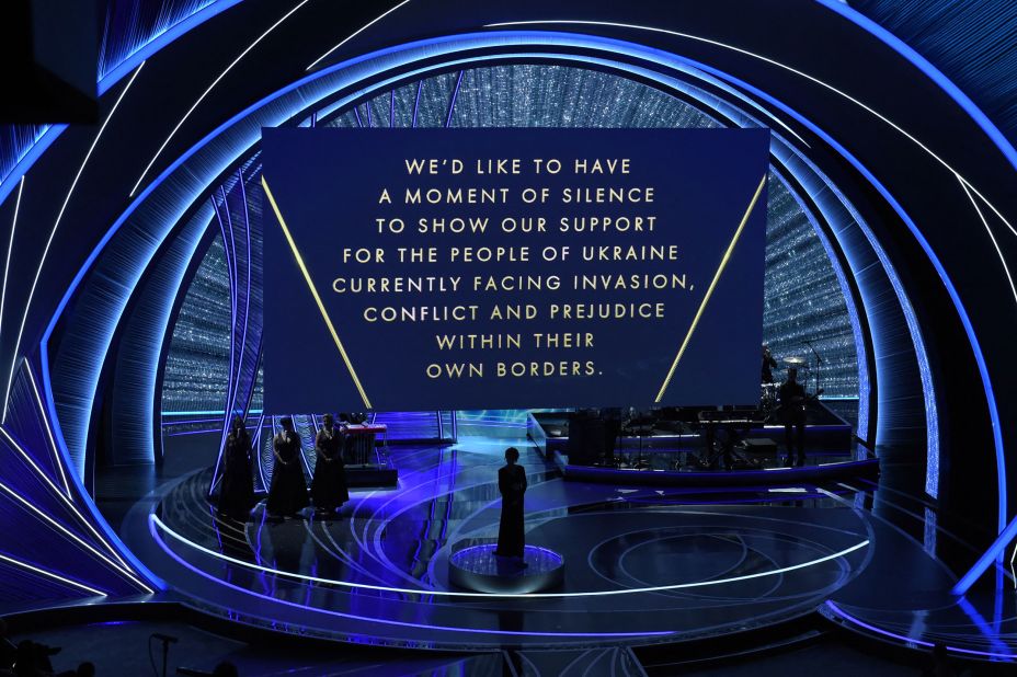 A message <a href="https://www.cnn.com/entertainment/live-news/oscars-2022/h_33a131c6de8ac30645bada5fe4683c30" target="_blank">shows support for Ukraine</a> after a performance by Reba McEntire.