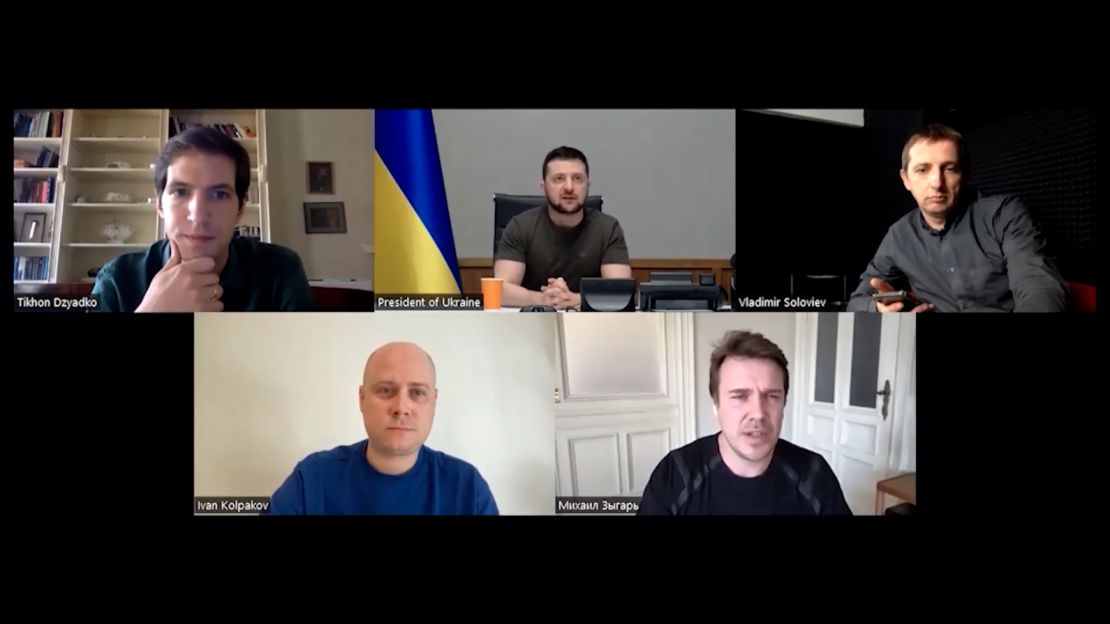 An interview between Ukrainian President Volodymyr Zelensky and a group of independent Russian journalists.