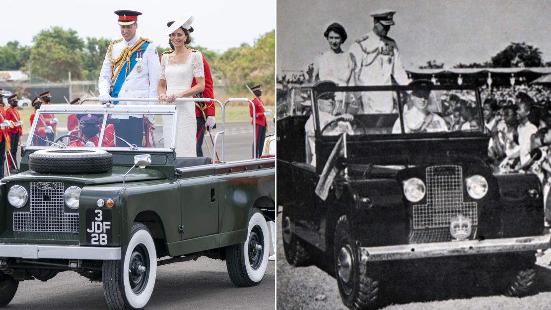 The Duke and Duchess of Cambridge in a Land Rover in Jamaica last week. And Queen Elizabeth II and the Duke of Edinburgh in 1962.