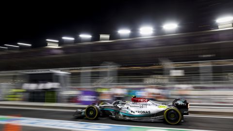 Speeding vehicles are seen racing on March 27 during the Formula 1 STC Saudi Arabian Grand Prix 2022, on the Jeddah Corniche Circuit, in Jeddah, Saudi Arabia.