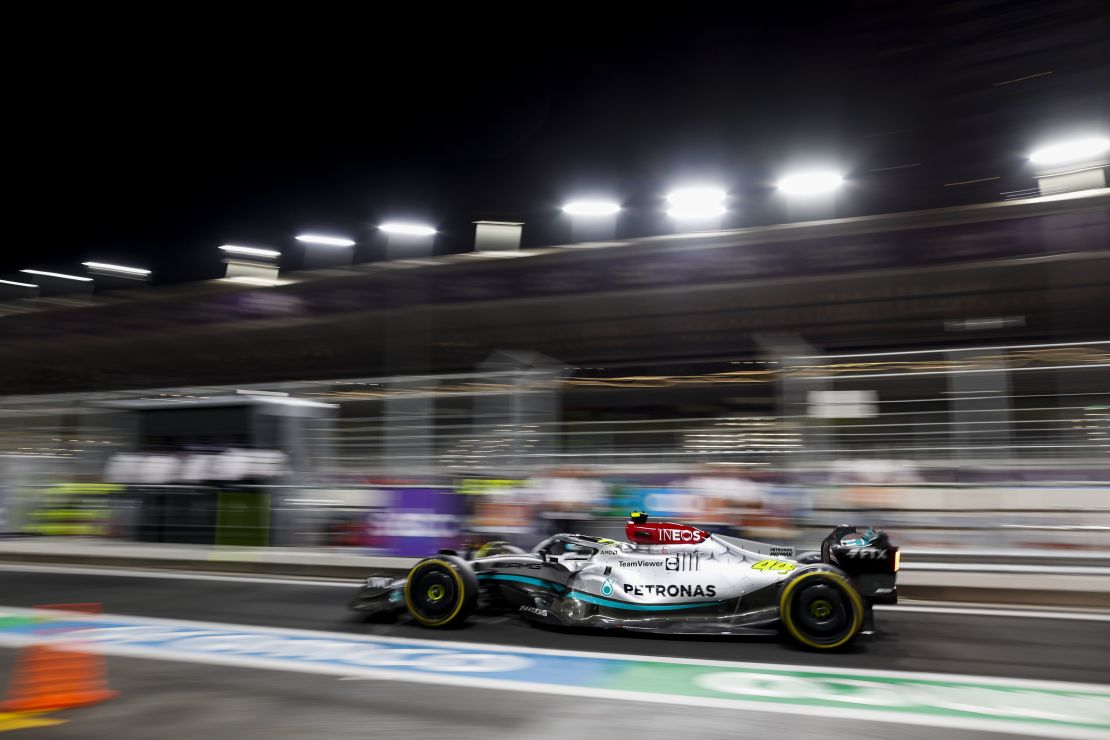 Speeding vehicles are seen racing on March 27 during the Formula 1 STC Saudi Arabian Grand Prix 2022, on the Jeddah Corniche Circuit, in Jeddah, Saudi Arabia.