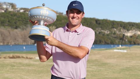 Scottie Scheffler poses with the Walter Hagen Cup after defeating Kevin Kisner in the final to win the World Golf Championships-Dell Technologies Match Play.