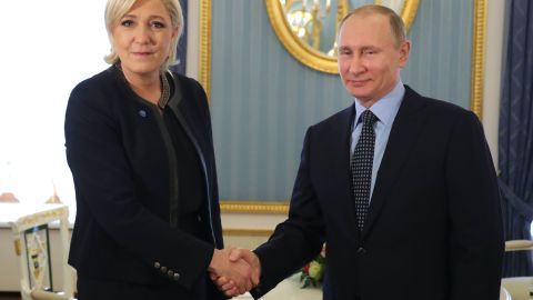 Russian President Vladimir Putin meets Marine Le Pen at the Kremlin in Moscow on March 24, 2017. 