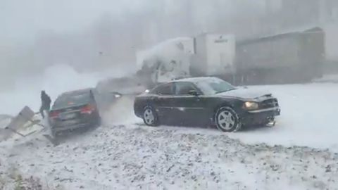 The squall brought heavy fog and white-out conditions to a section of Interstate 81 in Pennsylvania on Monday.