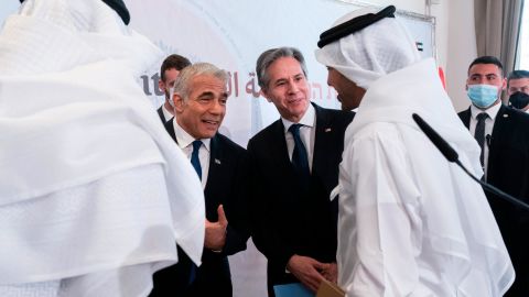 Israel's Foreign Minister Yair Lapid, (center left) and US Secretary of State Antony Blinken (center right), speak with Bahrain's Foreign Minister Abdullatif bin Rashid al-Zayani (right), and UAE Foreign Minister Sheikh Abdullah bin Zayed Al Nahyan at the Negev summit on Monday. 

