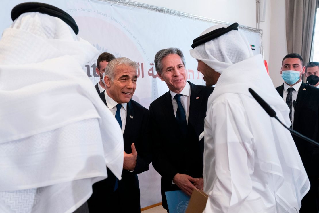 Israel's Foreign Minister Yair Lapid, (center left) and US Secretary of State Antony Blinken (center right), speak with Bahrain's Foreign Minister Abdullatif bin Rashid al-Zayani (right), and UAE Foreign Minister Sheikh Abdullah bin Zayed Al Nahyan at the Negev summit on Monday. 

