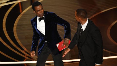 Will Smith (right) slaps Chris Rock (left) onstage during the 94th  Academy Awards show at the Dolby Theatre in Hollywood, California, on March 27. 