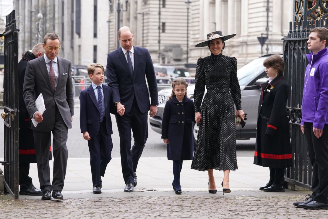 The Duke and Duchess of Cambridge, Prince George and Princess Charlotte arriving for the service.