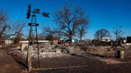 Scorched land and property are left behind, Saturday, March 19, 2022, in Carbon, Texas, following the Eastland Complex Fire that came through two days earlier. (Rebecca Slezak/Dallas Morning News/AP)