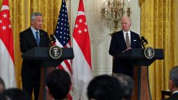 Prime Minister Lee Hsien Loong of Singapore speaks during a joint news conference with US President Joe Biden in the East Room of the White House on March 29, 2022 in Washington, DC.