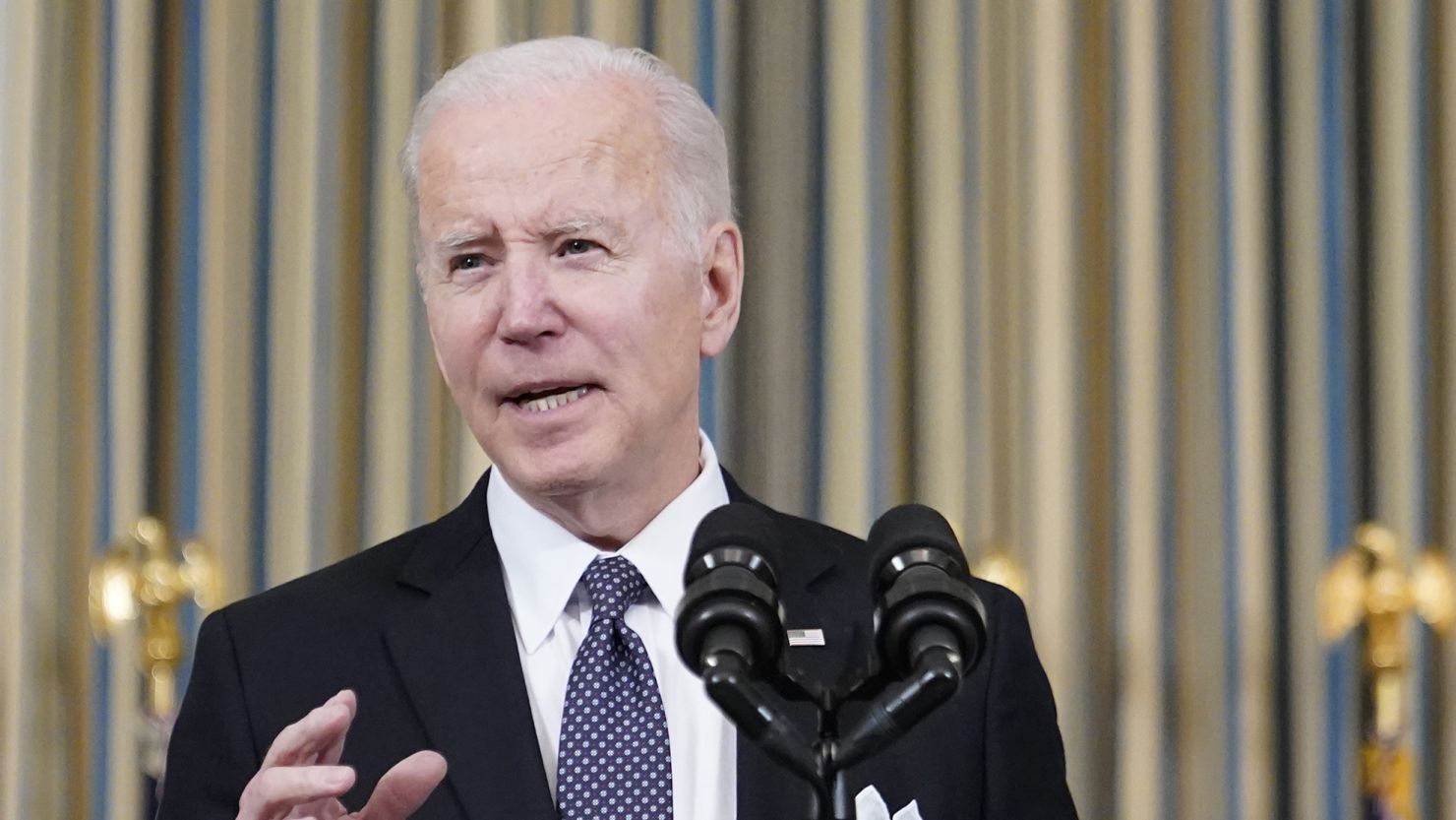 President Joe Biden speaks about his proposed budget for fiscal year 2023 in the State Dining Room of the White House, Monday, March 28, 2022, in Washington. 