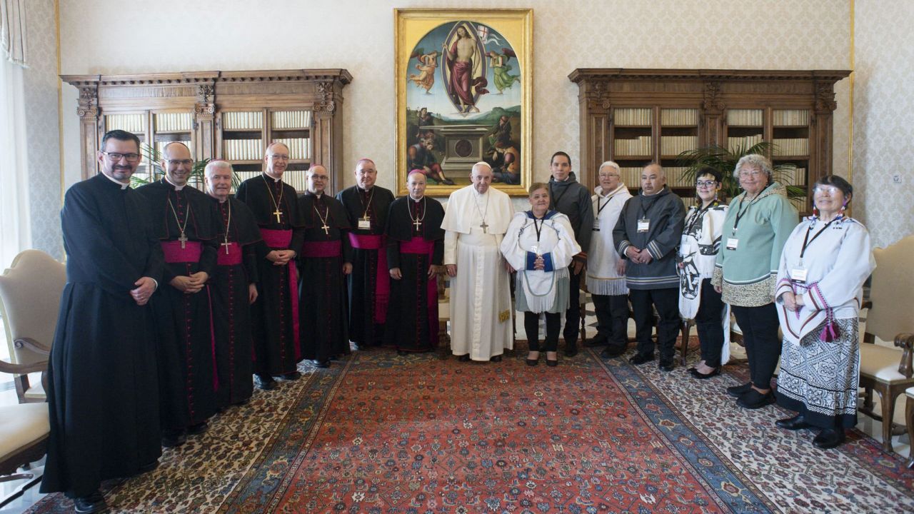 Pope Francis, center, met representatives of Canada's Inuit people, including survivors of residential schools, at the Vatican Monday. 