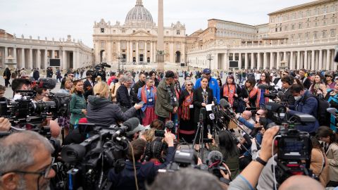 Cassidy Caron, president of the Métis National Council, and other members of the delegation of Indigenous people spoke with reporters at St.  Peter's Square after their meeting with Pope Francis.
