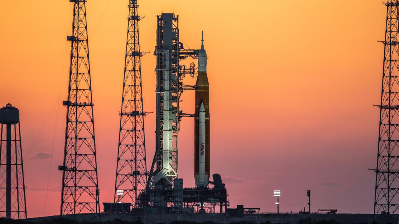 The Artemis I rocket stack can be seen at sunrise on March 21 at Kennedy Space Center in Florida. 
