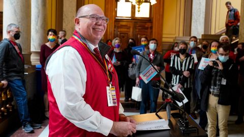 Keith Gambill, president of the Indiana State Teachers Association, speaks at a rally in opposition to bills being considered at the Statehouse in Indianapolis in February. 