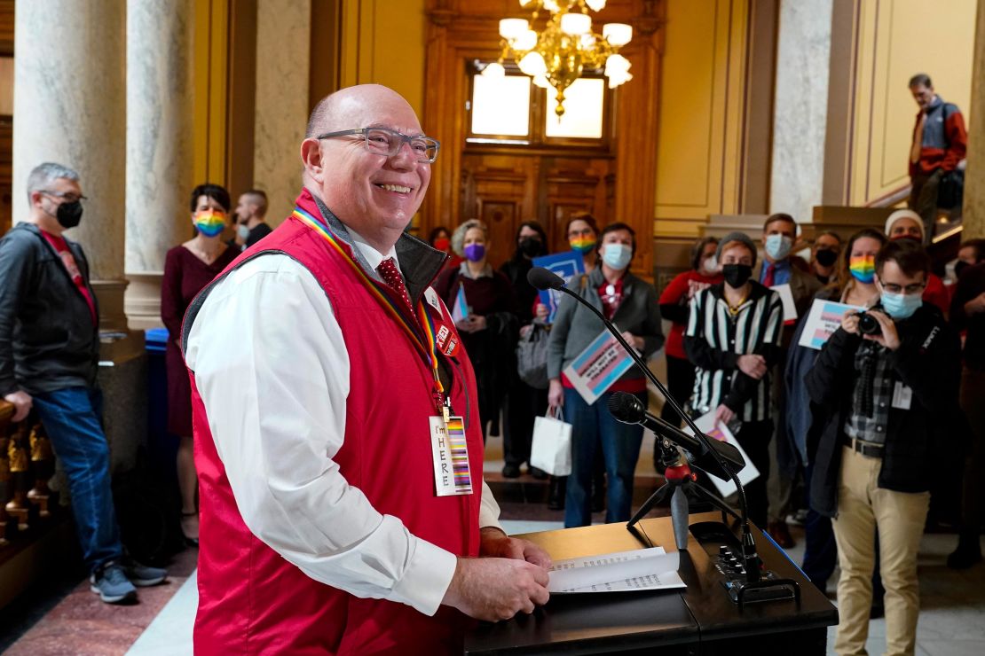 Keith Gambill, president of the Indiana State Teachers Association, speaks at a rally in opposition to bills being considered at the Statehouse in Indianapolis in February.