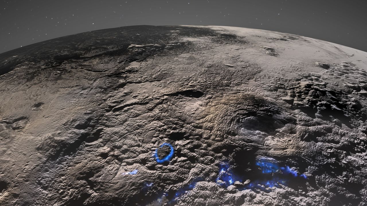 Pluto's icy volcanic region can be seen in this image taken by NASA's New Horizons spacecraft. The blue markings show how past volcanic processes may have occurred.