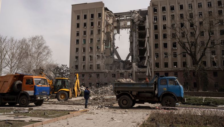 The regional government headquarters of Mykolaiv, Ukraine, is damaged <a href="index.php?page=&url=https%3A%2F%2Fwww.cnn.com%2Feurope%2Flive-news%2Fukraine-russia-putin-news-03-29-22%2Fh_b52e4de2ba95f5ad51832231788e413f" target="_blank">following a Russian attack</a> on March 29. At least nine people were killed, according to the Mykolaiv regional media office's Telegram channel.