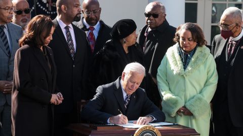 President Joe Biden signs into law H.R. 55, the "Emmett Till Antilynching Act" in the Rose Garden of at the White House Washington, DC, on March 29, 2022. 