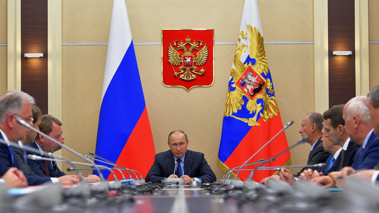 Russian President Vladimir Putin chairs the Commission on military-technical cooperation with foreign states in his residence in Novo-Ogaryovo, outside Moscow, on July 6, 2017. (Photo by Alexey DRUZHININ / SPUTNIK / AFP) (Photo by ALEXEY DRUZHININ/SPUTNIK/AFP via Getty Images)