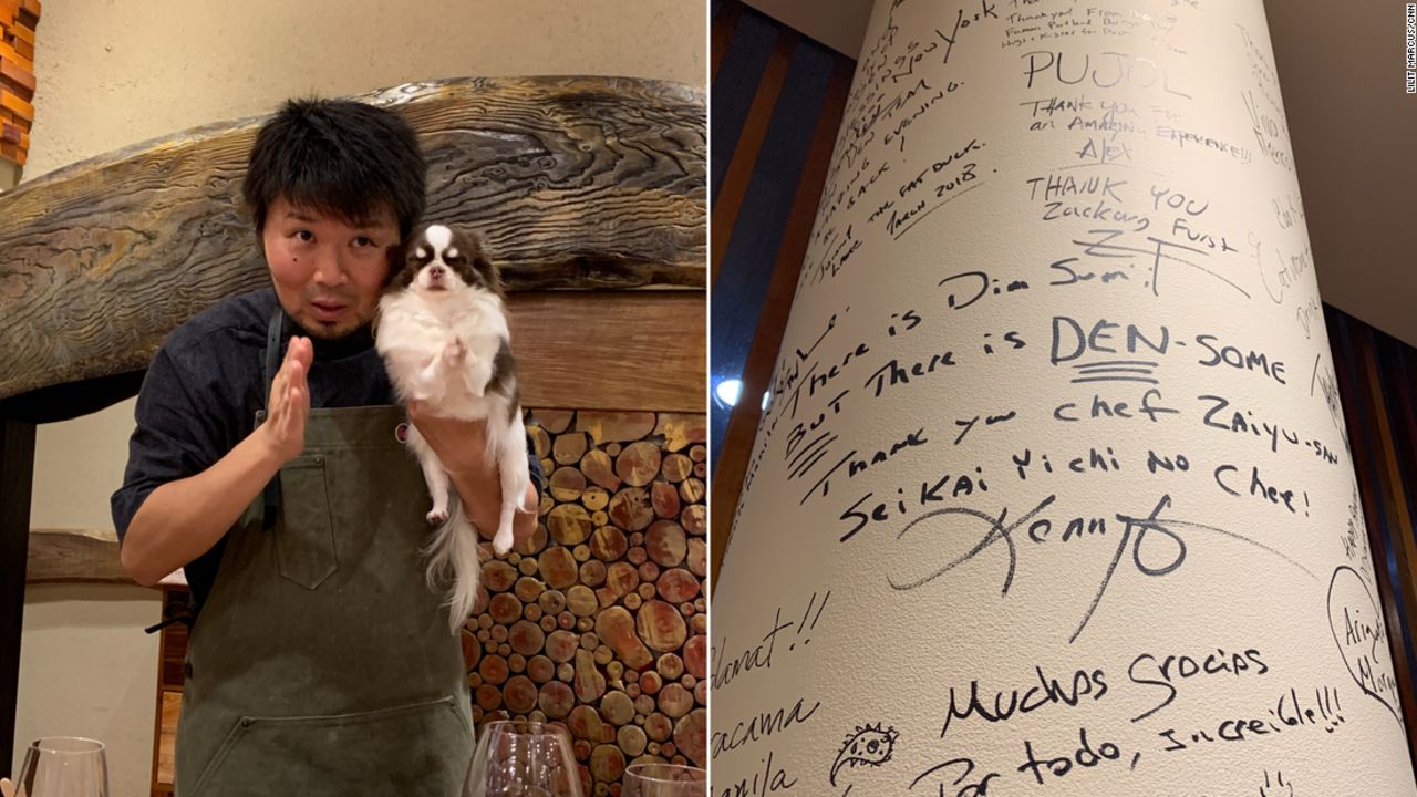 Left: Chef Zaiyu Hasegawa with his beloved pup; right, a pillar at Den where customers leave thank-you messages.