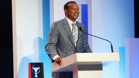 Woods speaks after being inducted into the World Golf Hall of Fame on March 9, 2022.