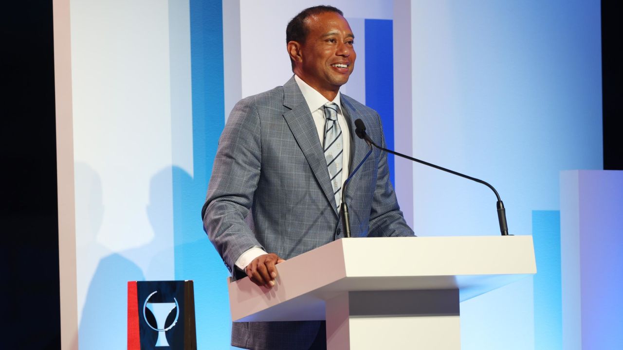 Woods speaks after being inducted into the World Golf Hall of Fame on March 9, 2022.