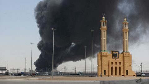 Smoke billows from a Saudi Aramco's petroleum storage facility after an attack in Jeddah, Saudi Arabia on March 26, 2022.