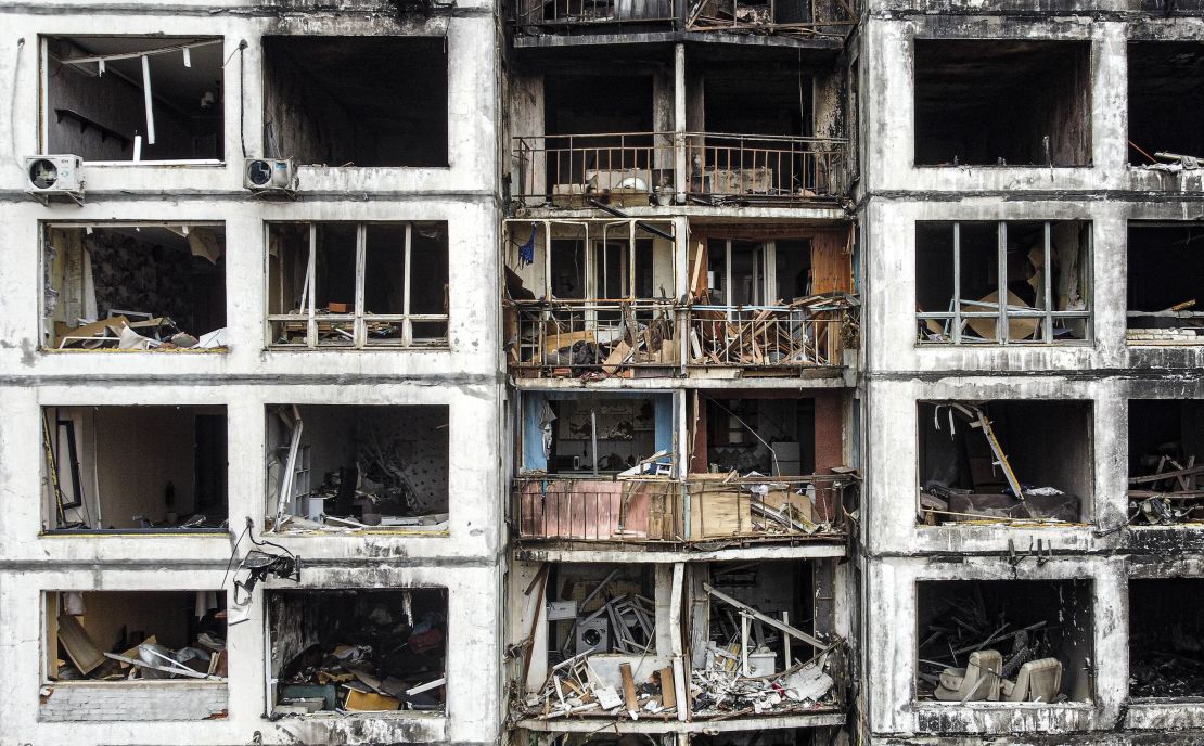 A destroyed building is seen after Russian shelling in Sviatoshinsky district of Kyiv on March 30, 2022.