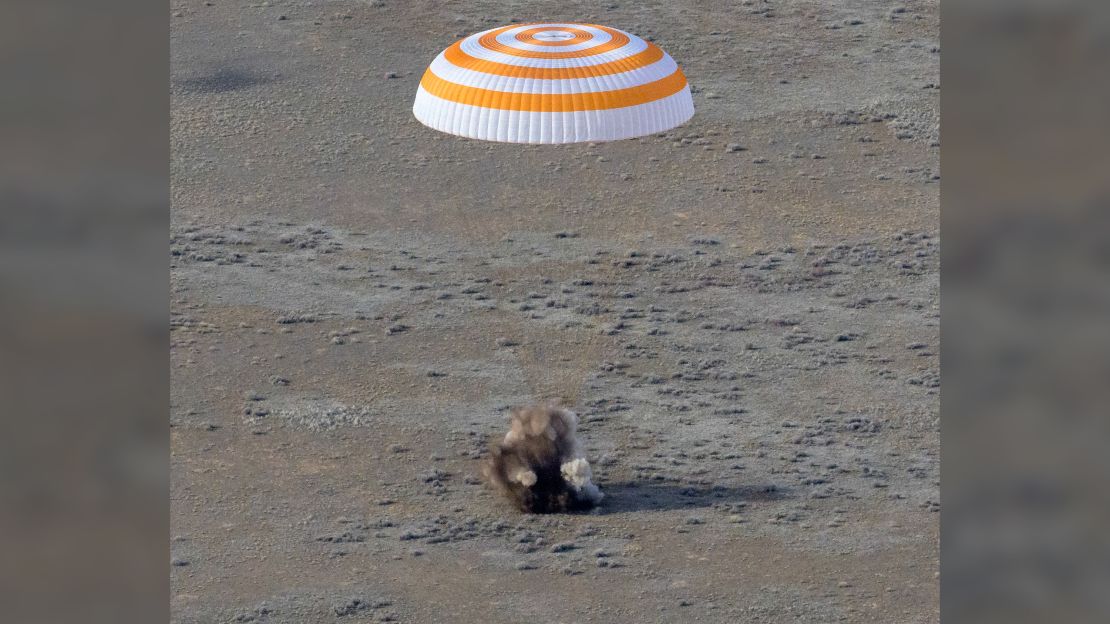 The Soyuz MS-19 spacecraft is seen as it lands in Kazakhstan.