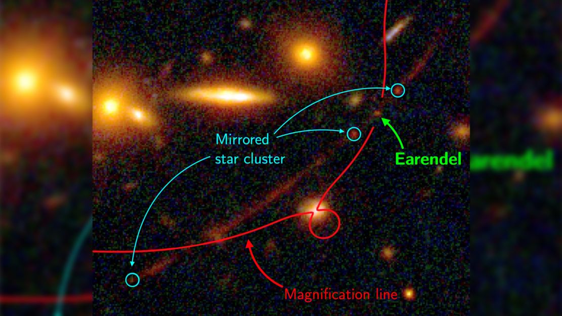 This image shows the tiny region where Earendel aligns so the magnification increases by tens of thousands of times.