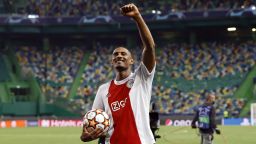 Sebastien Haller of Ajax with the match ball during the UEFA Champions League match between Sporting CP and Ajax Amsterdam at Estadio Jose Alvalade on September 15, 2021 in Lisbon, Portugal. 
