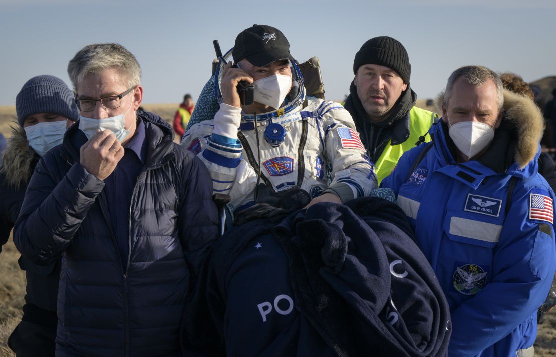 NASA astronaut Mark Vande Hei is carried to a medical tent shortly after he and fellow crew mates Pyotr Dubrov and Anton Shkaplerov of Roscosmos landed in their Soyuz MS-19 spacecraft near the town of Zhezkazgan on March 30, 2022 in Zhezkazgan, Kazakhstan.