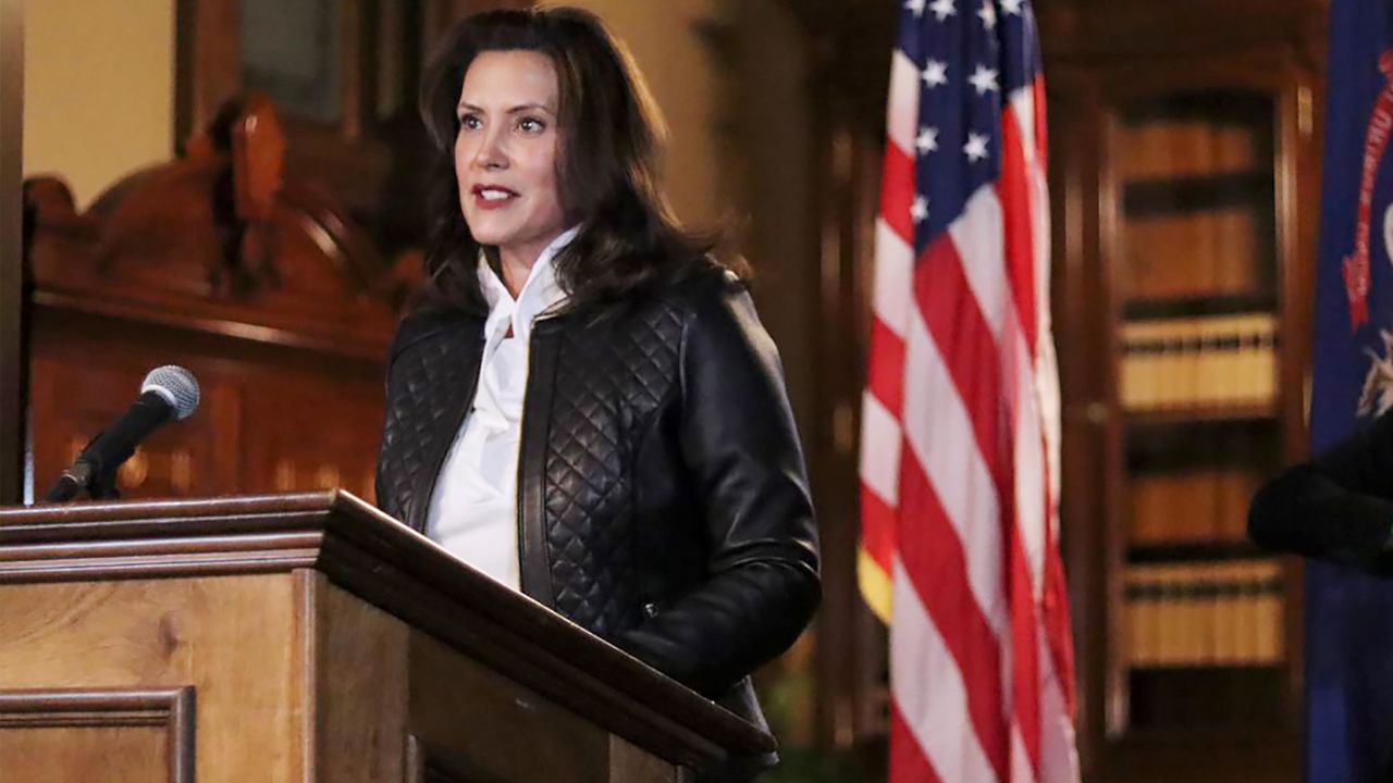 In an Oct. 8, 2020 file photo, Michigan Gov. Gretchen Whitmer addresses the state during a speech in Lansing, Michigan.