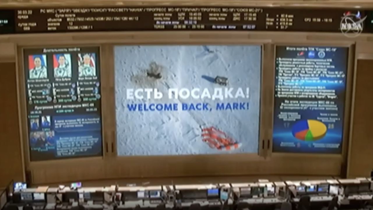 Russian mission control displayed a welcome message for Mark Vande Hei.