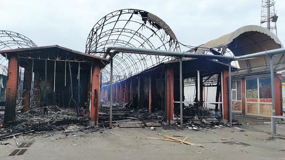 The city market is seen damaged by night shelling in Chernihiv on March 30, 2022.