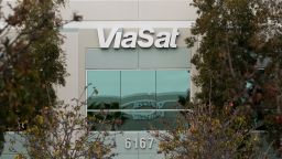 A logo sign outside of the headquarters of ViaSat Inc., in Carlsbad, California on January 30, 2016. 