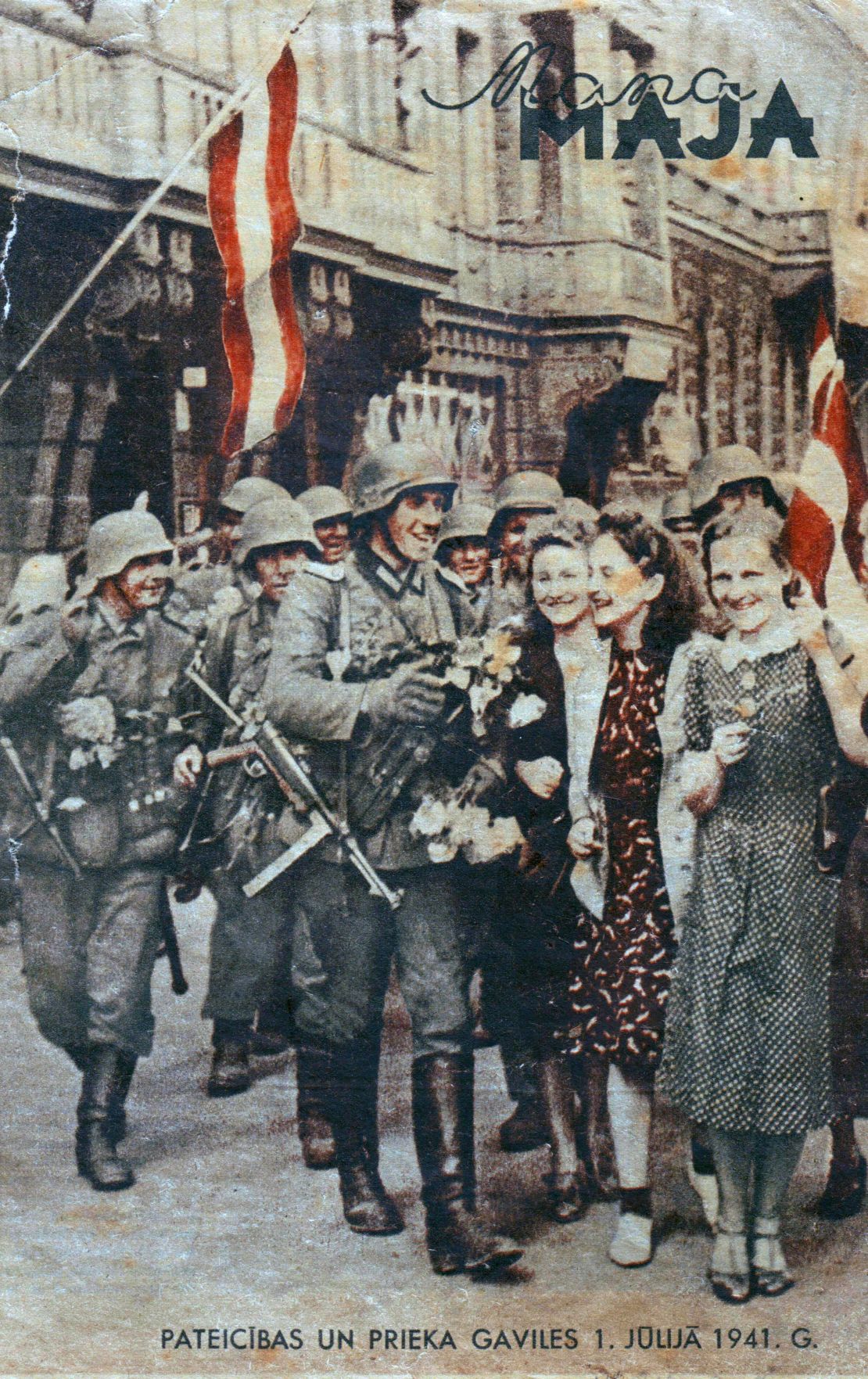 A Nazi propaganda image showing German troops being hailed as liberators in Riga, Latvia, during World War II.