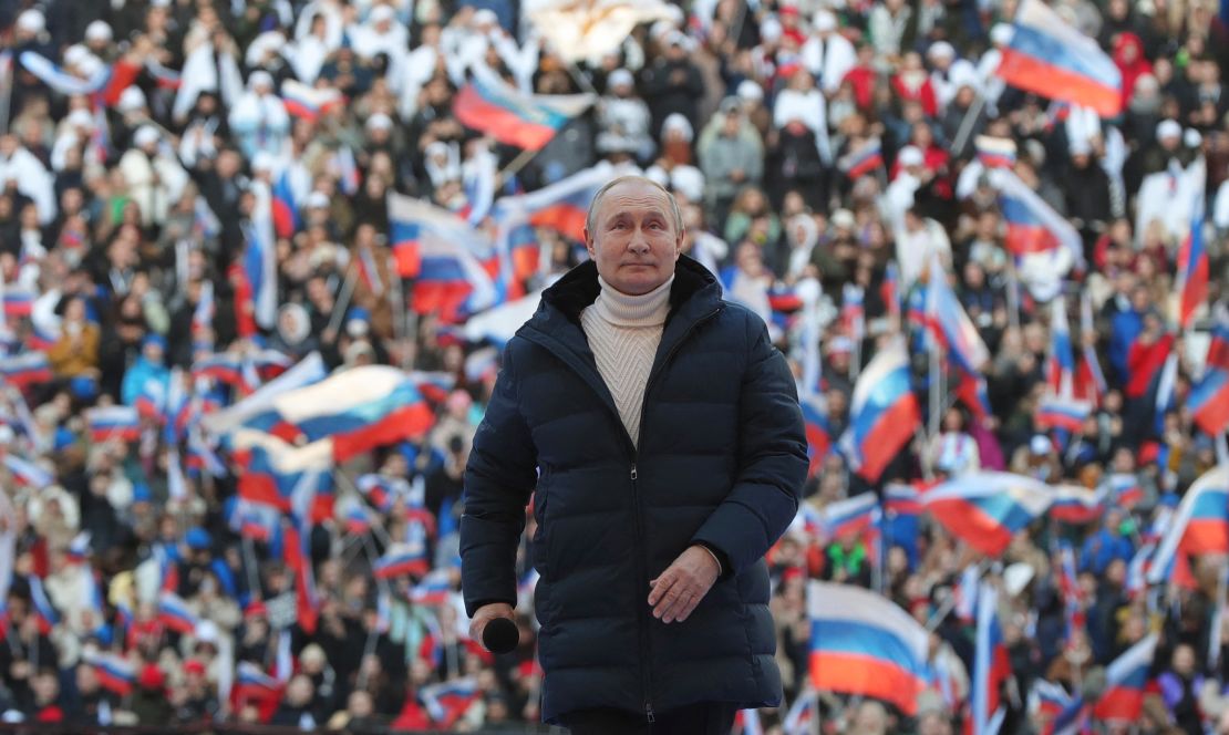 Russian President Vladimir Putin speaks at a celebration marking the eighth anniversary of Russia's annexation of Crimea at the Luzhniki stadium in Moscow on March 18, 2022.