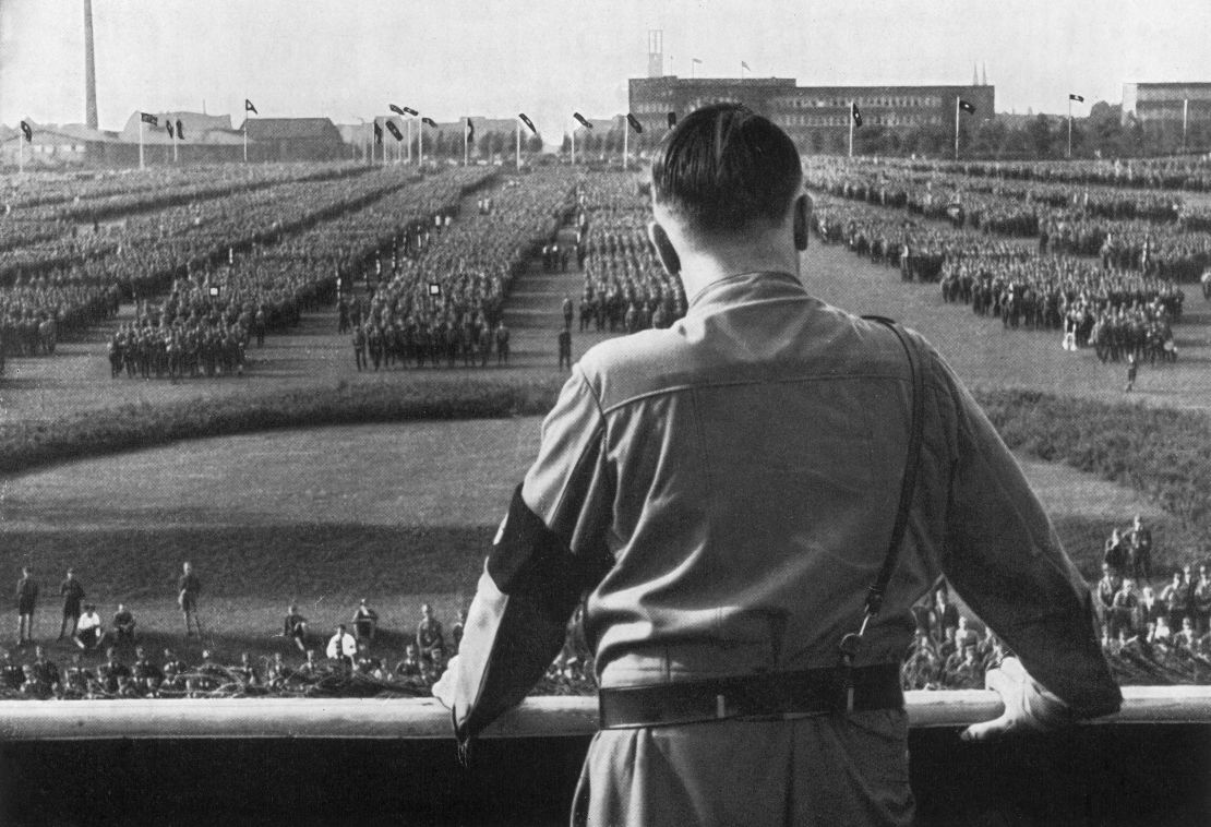 German leader Adolf Hitler addresses soldiers at a Nazi rally in Dortmund, Germany.