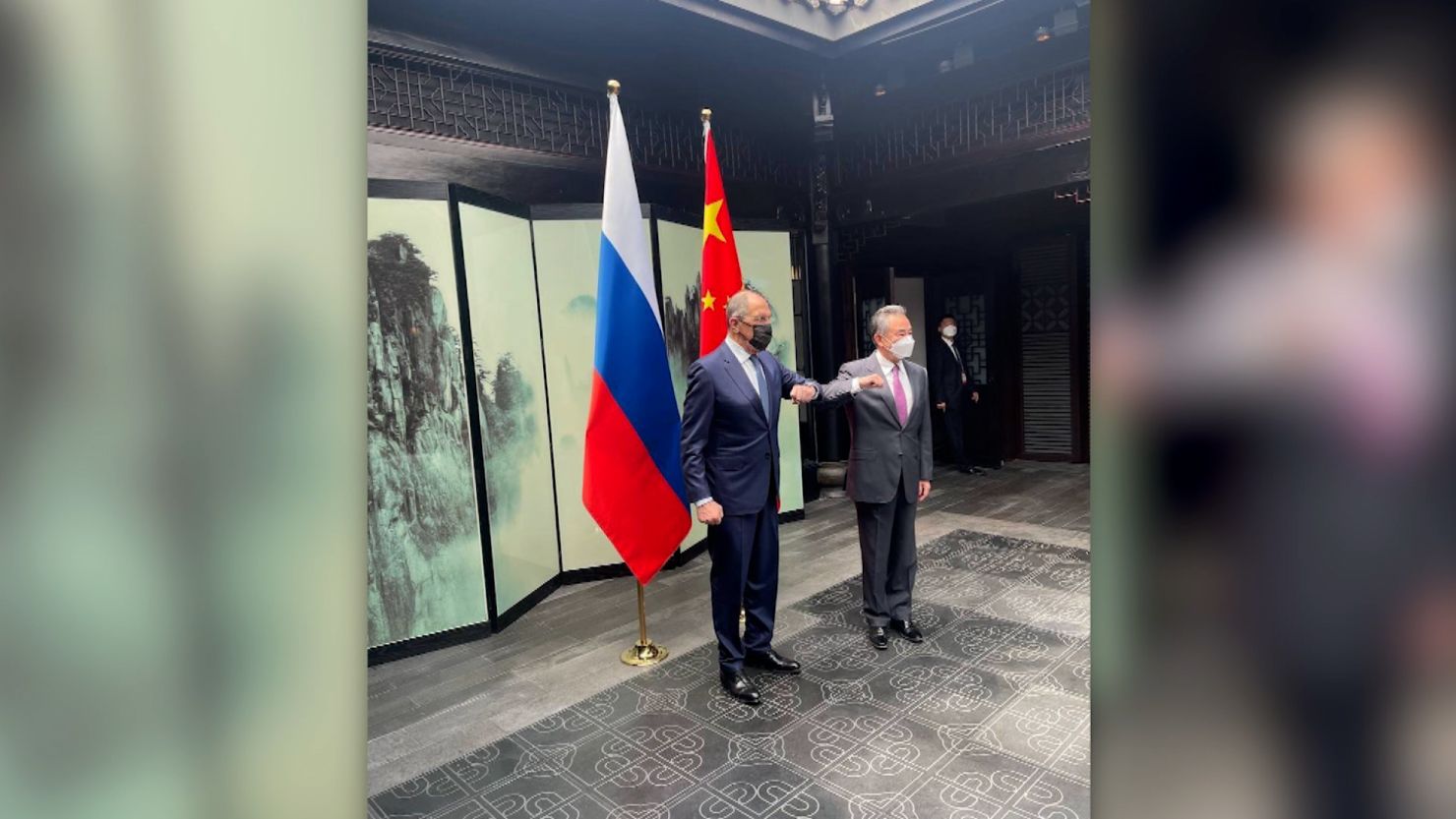 Russian Foreign Minister Sergey Lavrov and Chinese Foreign Minister Wang Yi meet in Tunxi, China, on March 30.