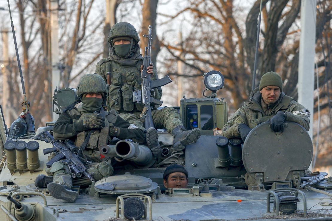 Russian soldiers seen on a tank in the separatist-controlled Volnovakha district of Donetsk, eastern Ukraine, on March 26. 